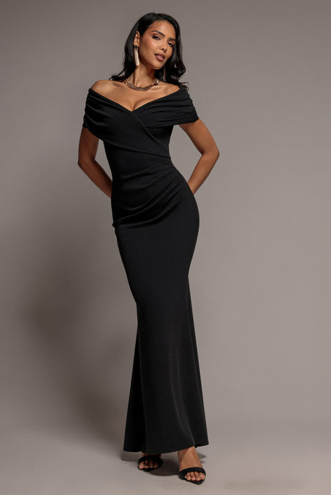 Goddiva Pleated Bardot Wrap Mermaid Maxi Dress - Black