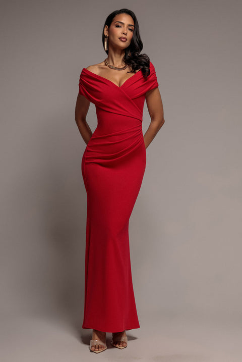 Goddiva Pleated Bardot Wrap Mermaid Maxi Dress - Red