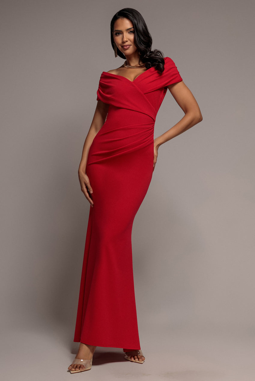 Goddiva Pleated Bardot Wrap Mermaid Maxi Dress - Red