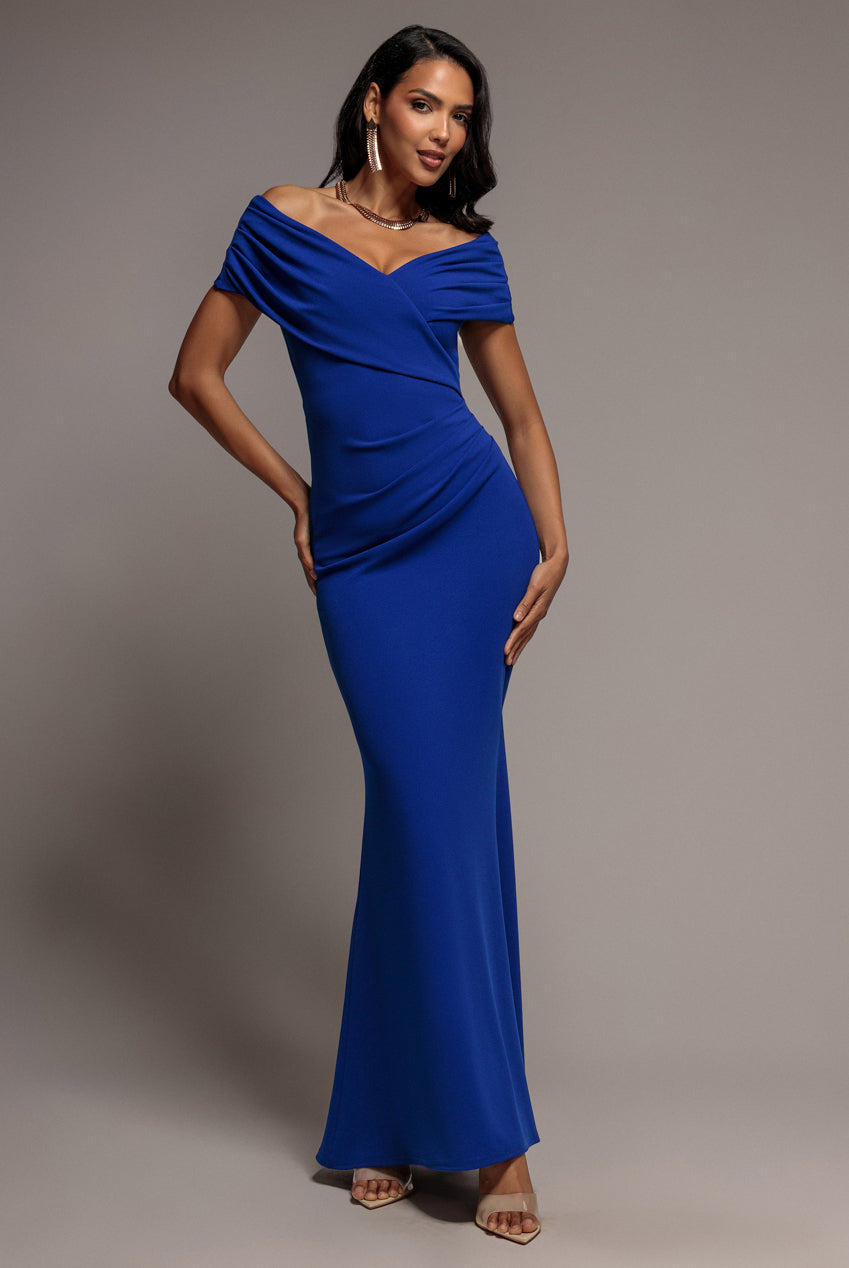 Goddiva Pleated Bardot Wrap Mermaid Maxi Dress - Royal Blue