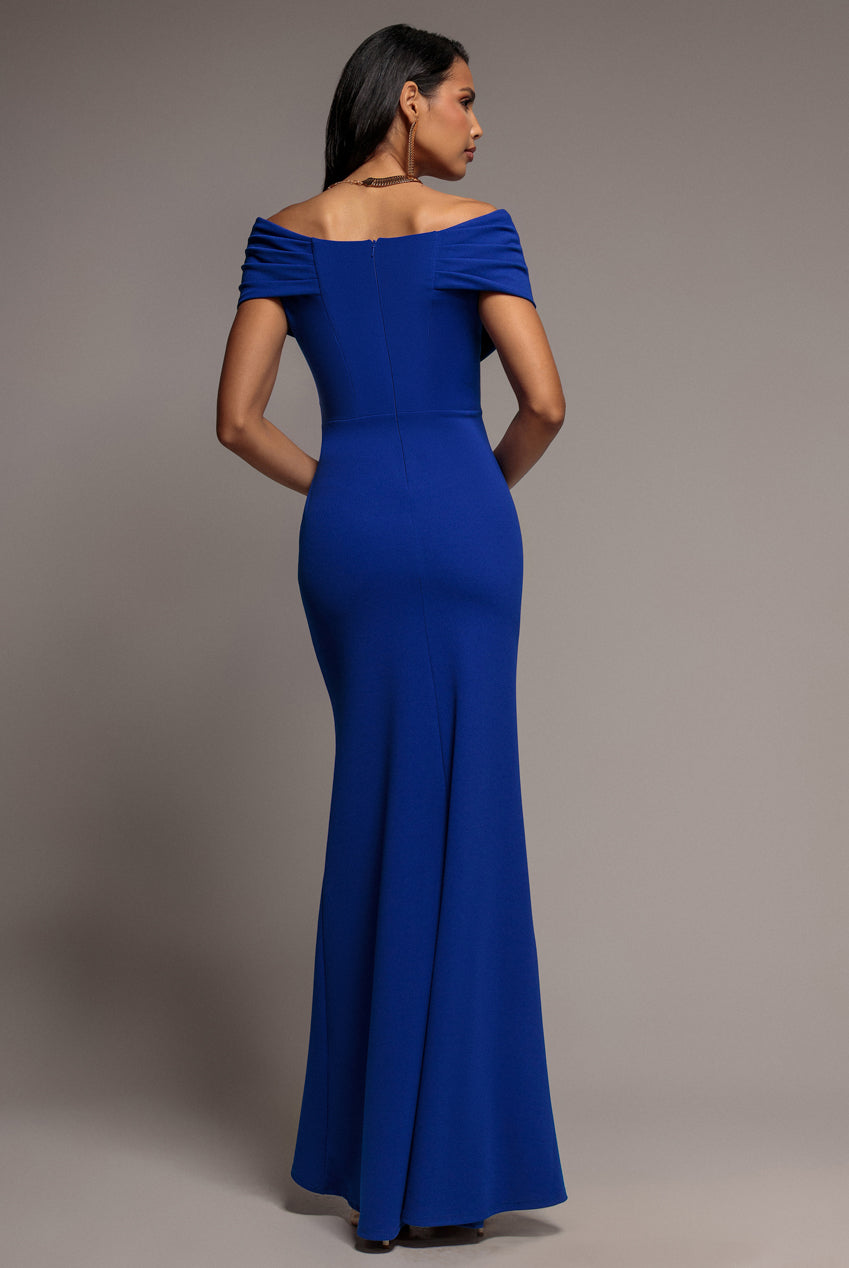 Goddiva Pleated Bardot Wrap Mermaid Maxi Dress - Royal Blue