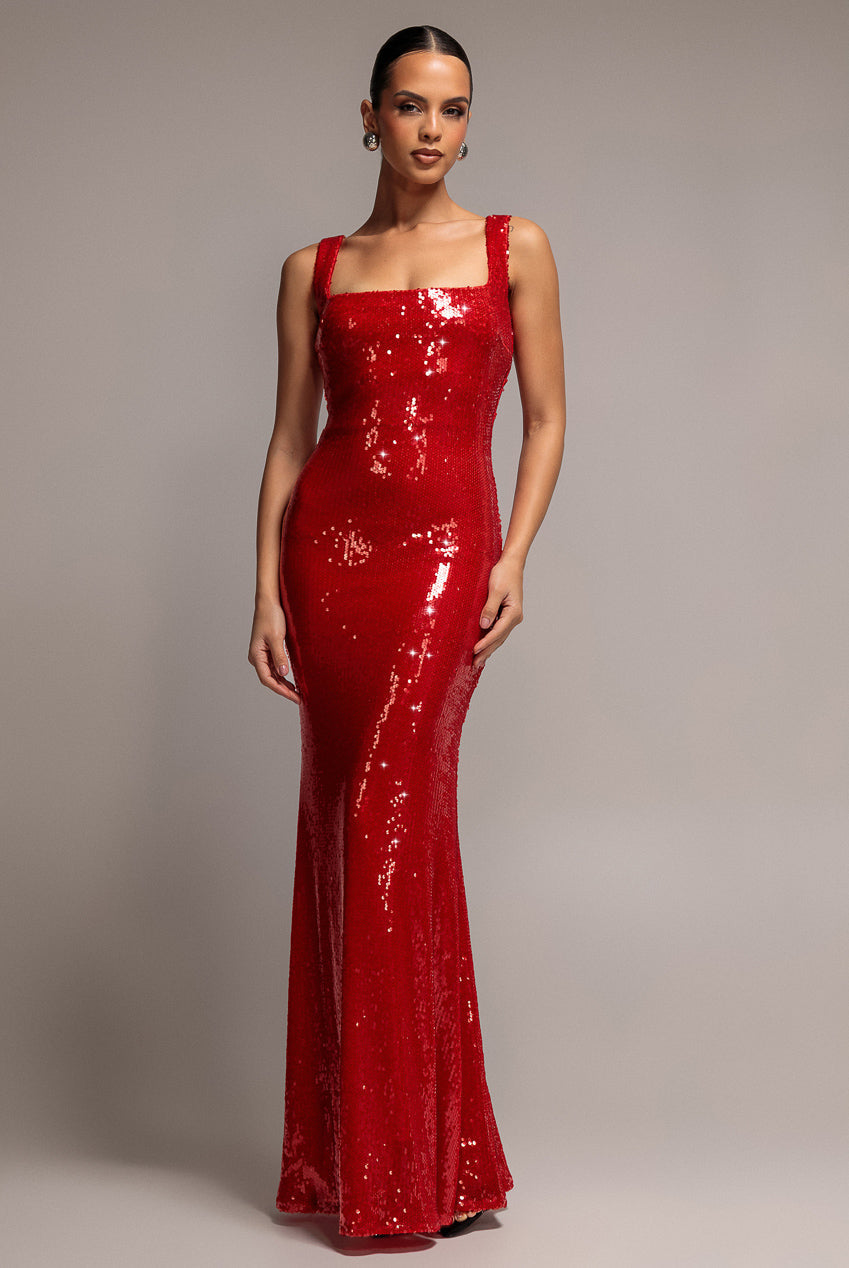 Goddiva Sleeveless Square Neck Sequin Mermaid Maxi Dress - Red