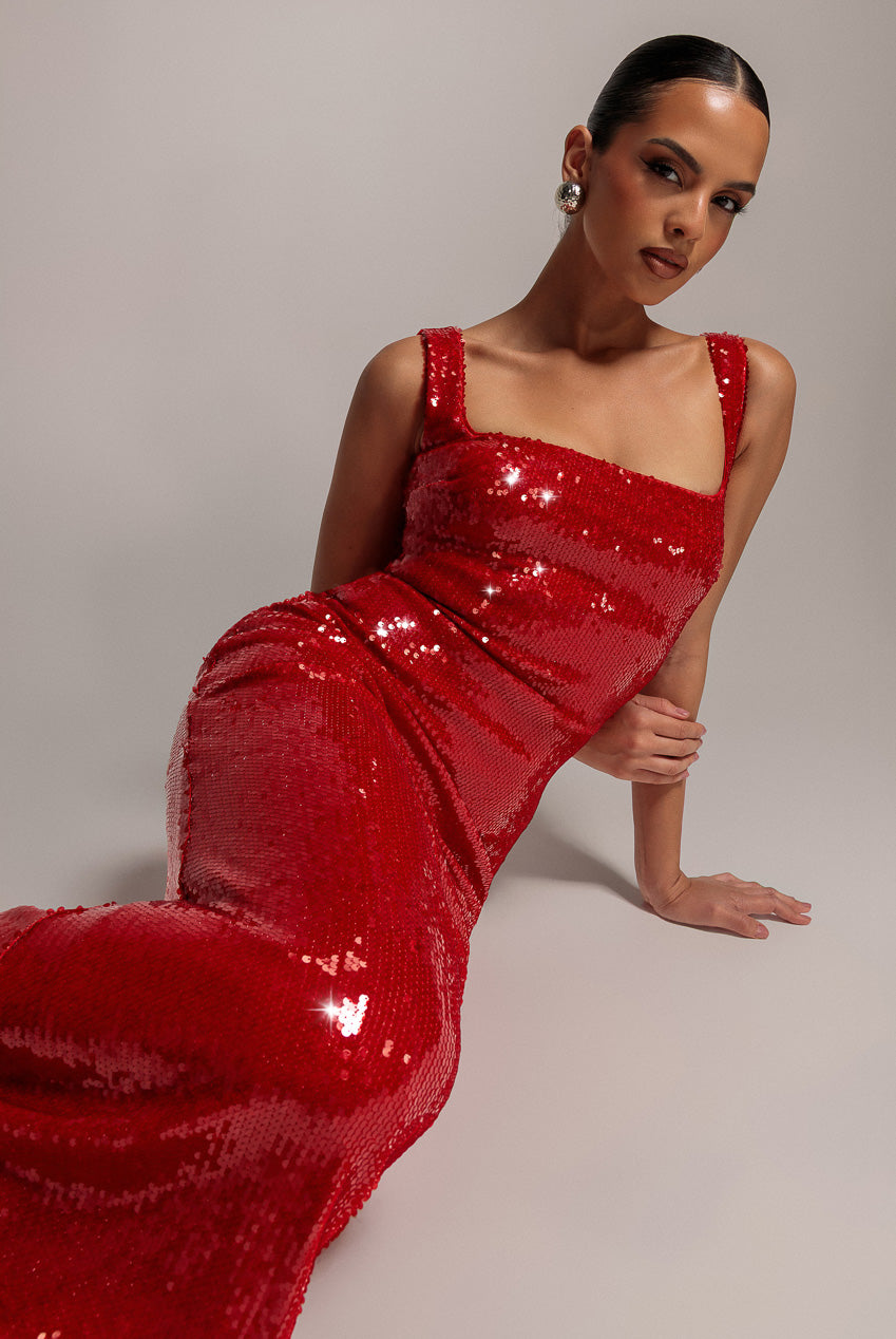 Goddiva Sleeveless Square Neck Sequin Mermaid Maxi Dress - Red
