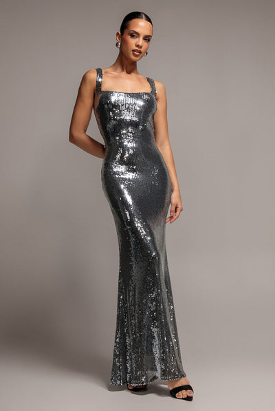 Goddiva Sleeveless Square Neck Sequin Mermaid Maxi Dress - Silver