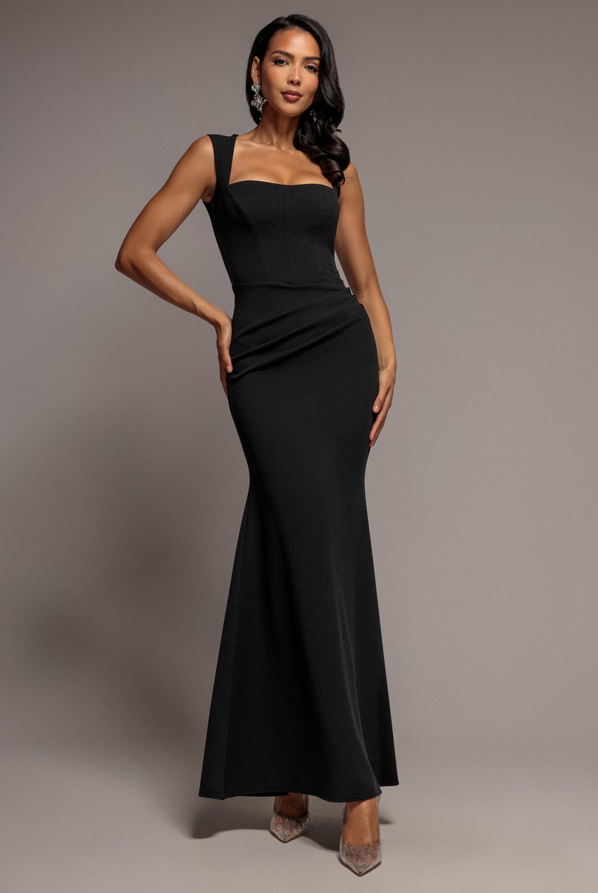 Goddiva Sleeveless Waist Pleated Scuba Crepe Maxi Dress - Black