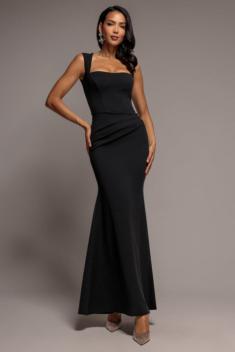 Goddiva Sleeveless Waist Pleated Scuba Crepe Maxi Dress - Black