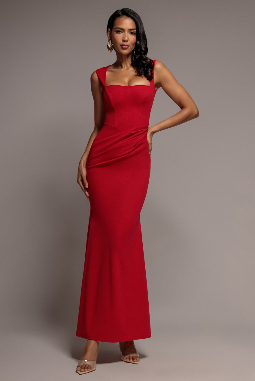 Goddiva Sleeveless Waist Pleated Scuba Crepe Maxi Dress - Red