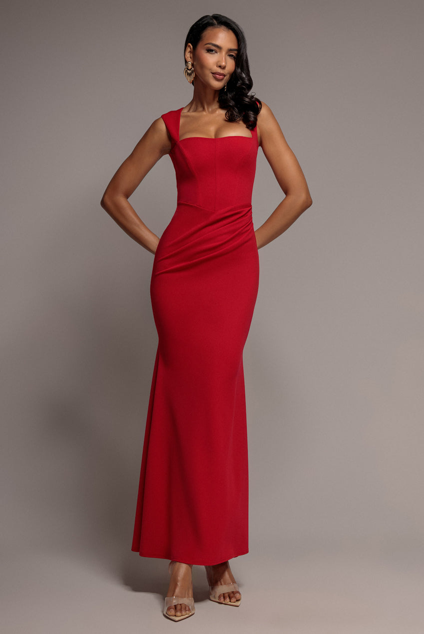 Goddiva Sleeveless Waist Pleated Scuba Crepe Maxi Dress - Red