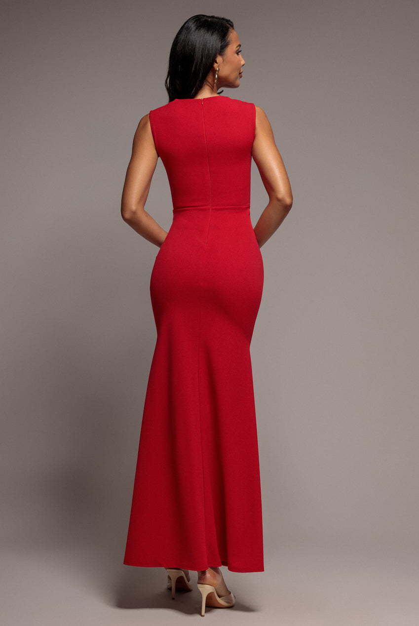 Goddiva Sleeveless Waist Pleated Scuba Crepe Maxi Dress - Red