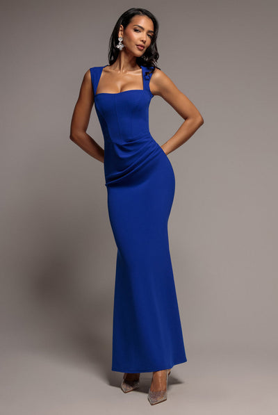 RoyalBlue - Goddiva Sleeveless Waist Pleated Scuba Crepe Maxi Dress - Royal Blue