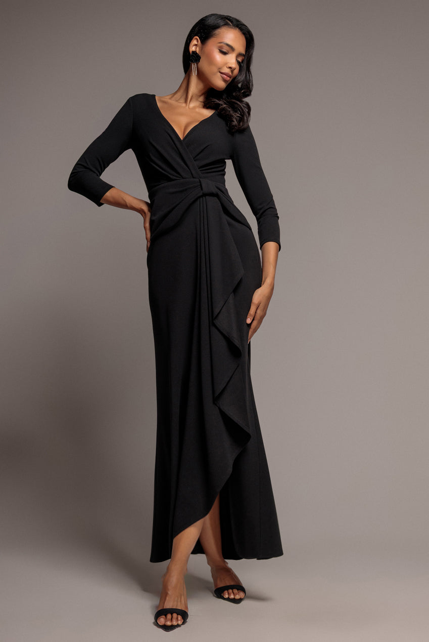 Goddiva Front Wrap Asymmetric Hem Scuba Maxi Dress - Black