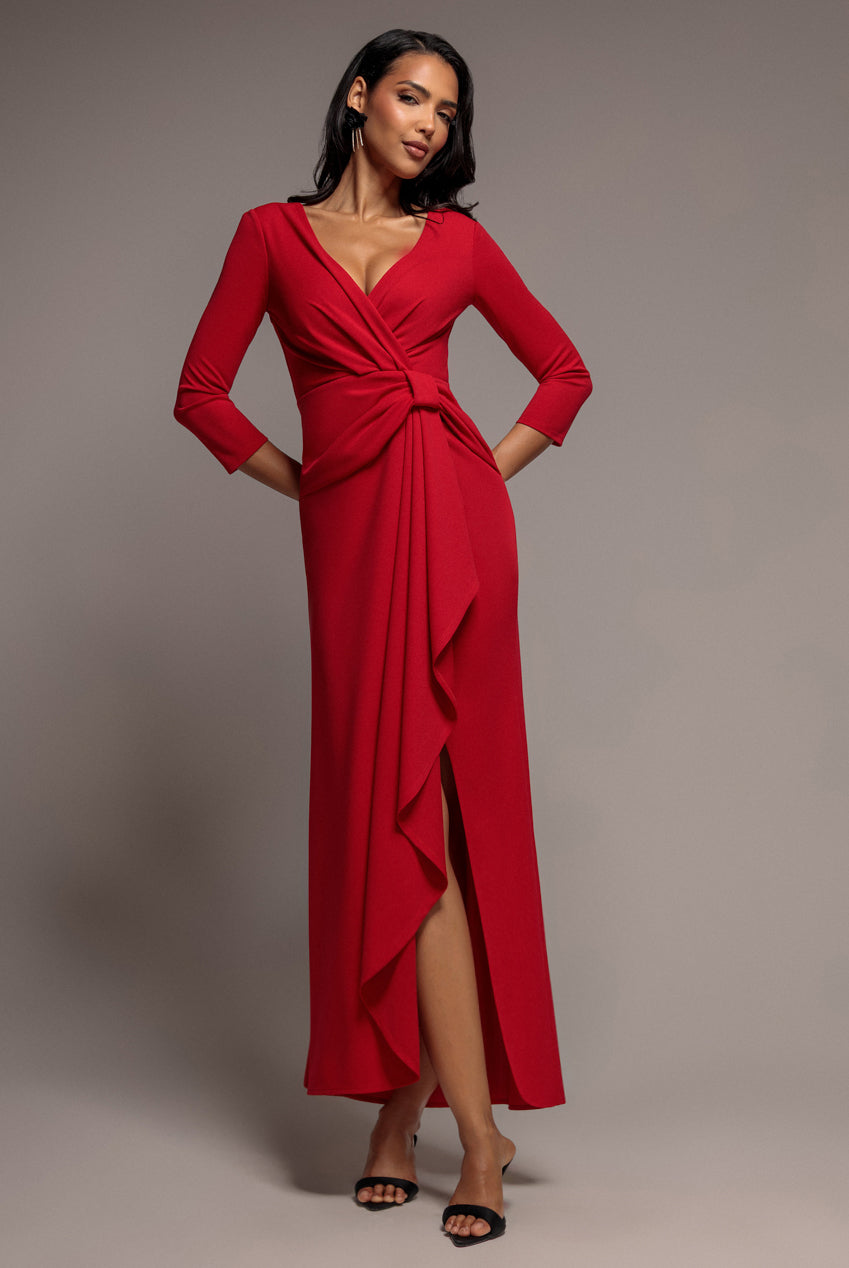 Goddiva Front Wrap Asymmetric Hem Scuba Maxi Dress - Red
