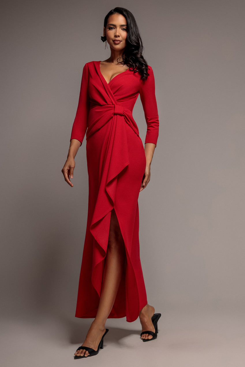 Goddiva Front Wrap Asymmetric Hem Scuba Maxi Dress - Red