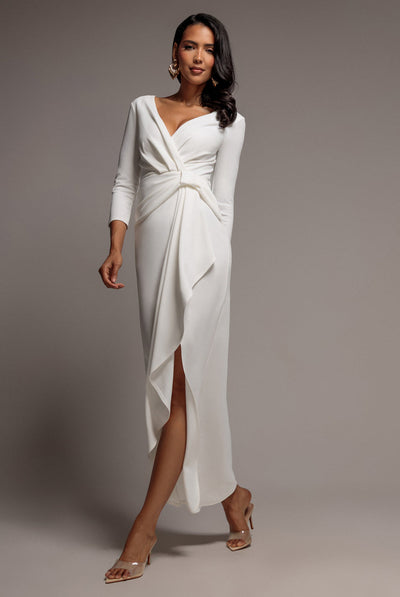 White - Goddiva Front Wrap Asymmetric Hem Scuba Maxi Dress - White