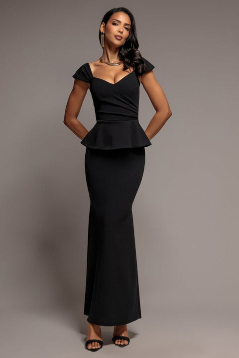 Goddiva Cap Sleeve Sweetheart Peplum Scuba Maxi Dress - Black