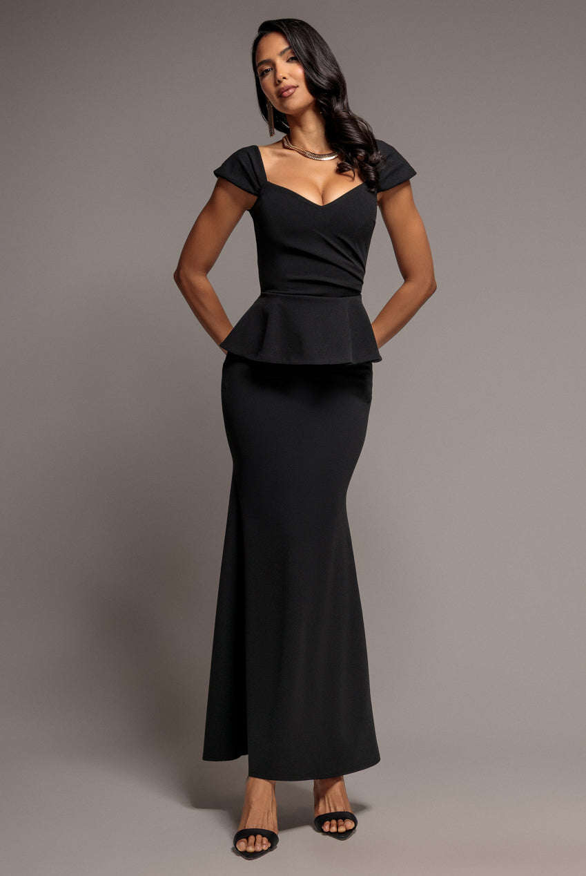 Goddiva Cap Sleeve Sweetheart Peplum Scuba Maxi Dress - Black