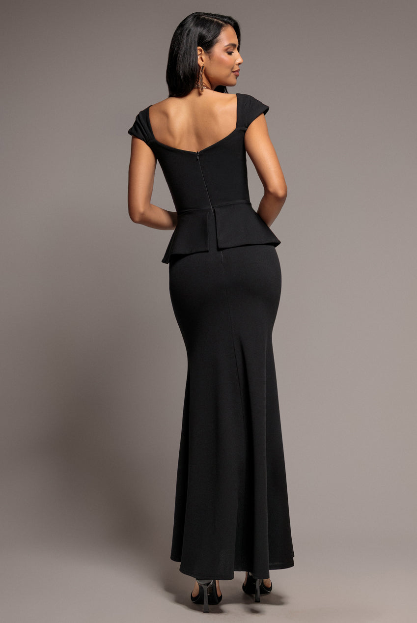 Goddiva Cap Sleeve Sweetheart Peplum Scuba Maxi Dress - Black