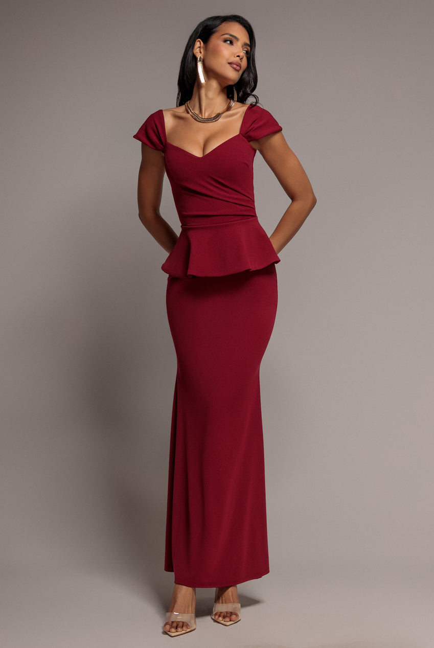 Goddiva Cap Sleeve Sweetheart Peplum Scuba Maxi Dress - Burgundy