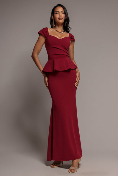 Burgundy - Goddiva Cap Sleeve Sweetheart Peplum Scuba Maxi Dress - Burgundy