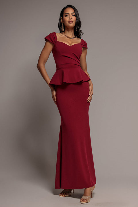 Goddiva Cap Sleeve Sweetheart Peplum Scuba Maxi Dress - Burgundy