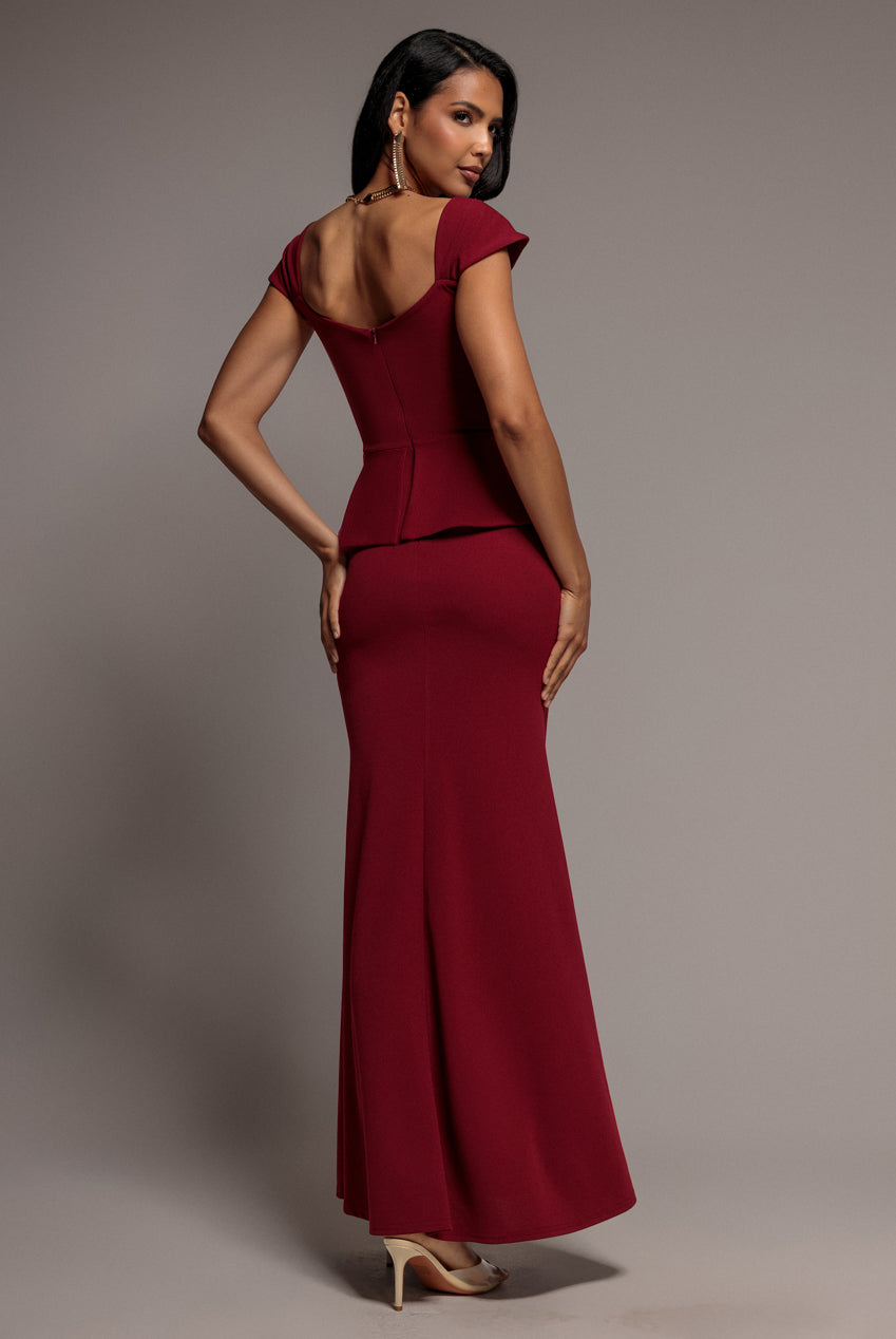 Goddiva Cap Sleeve Sweetheart Peplum Scuba Maxi Dress - Burgundy