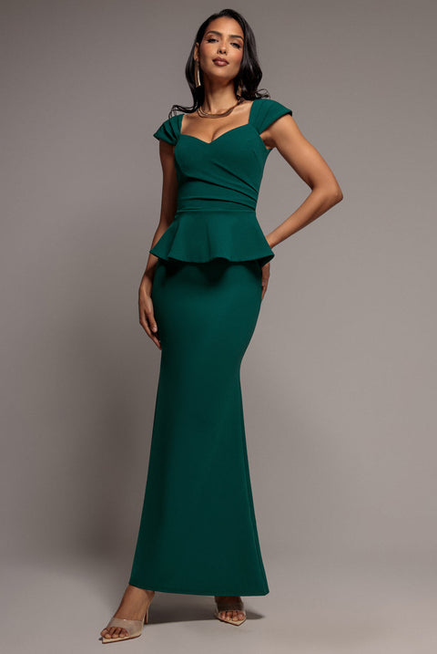 Goddiva Cap Sleeve Sweetheart Peplum Scuba Maxi Dress - Emerald Green