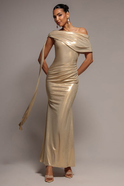 Gold - Goddiva Sash One Shoulder Bardot Foil Maxi Dress - Gold