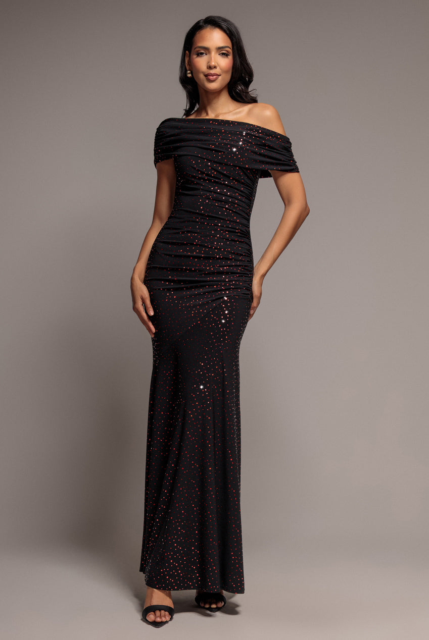 Goddiva One Shoulder Fit And Flare Sequin Maxi Dress - Black Red