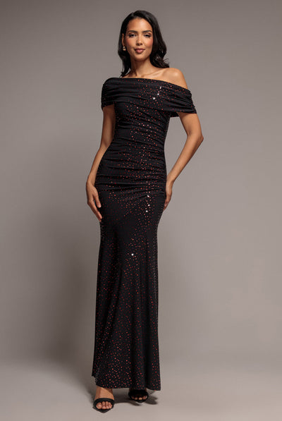 Blackred - Goddiva One Shoulder Fit And Flare Sequin Maxi Dress - Black Red