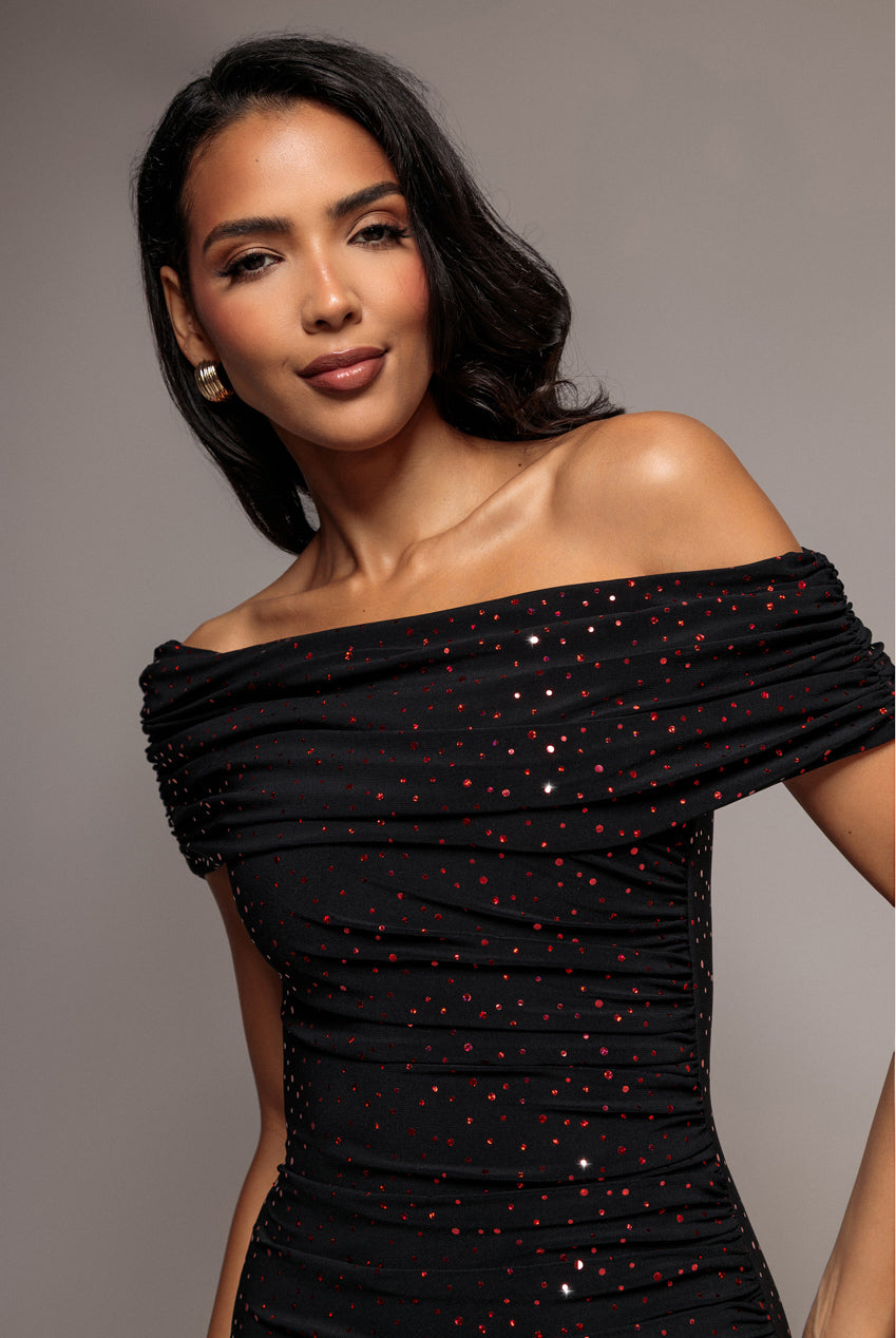Goddiva One Shoulder Fit And Flare Sequin Maxi Dress - Black Red