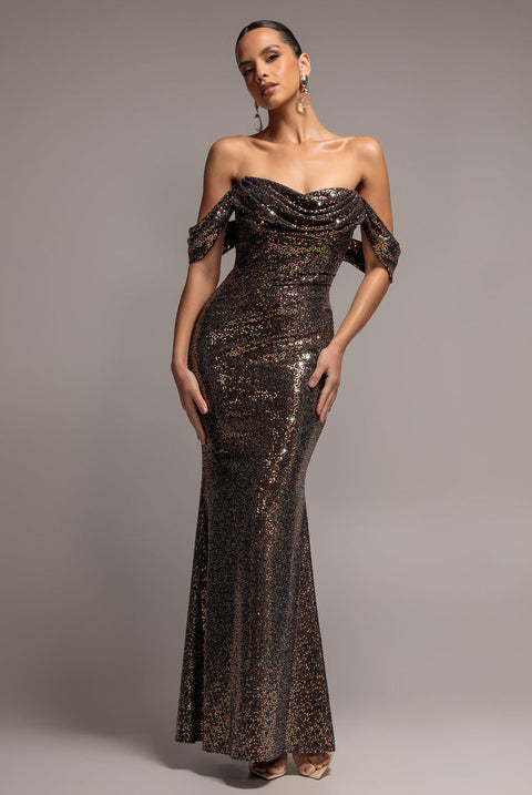 Goddiva Sequin Lurex Off Shoulder Cowl Bardot Maxi Dress - Gold Multi