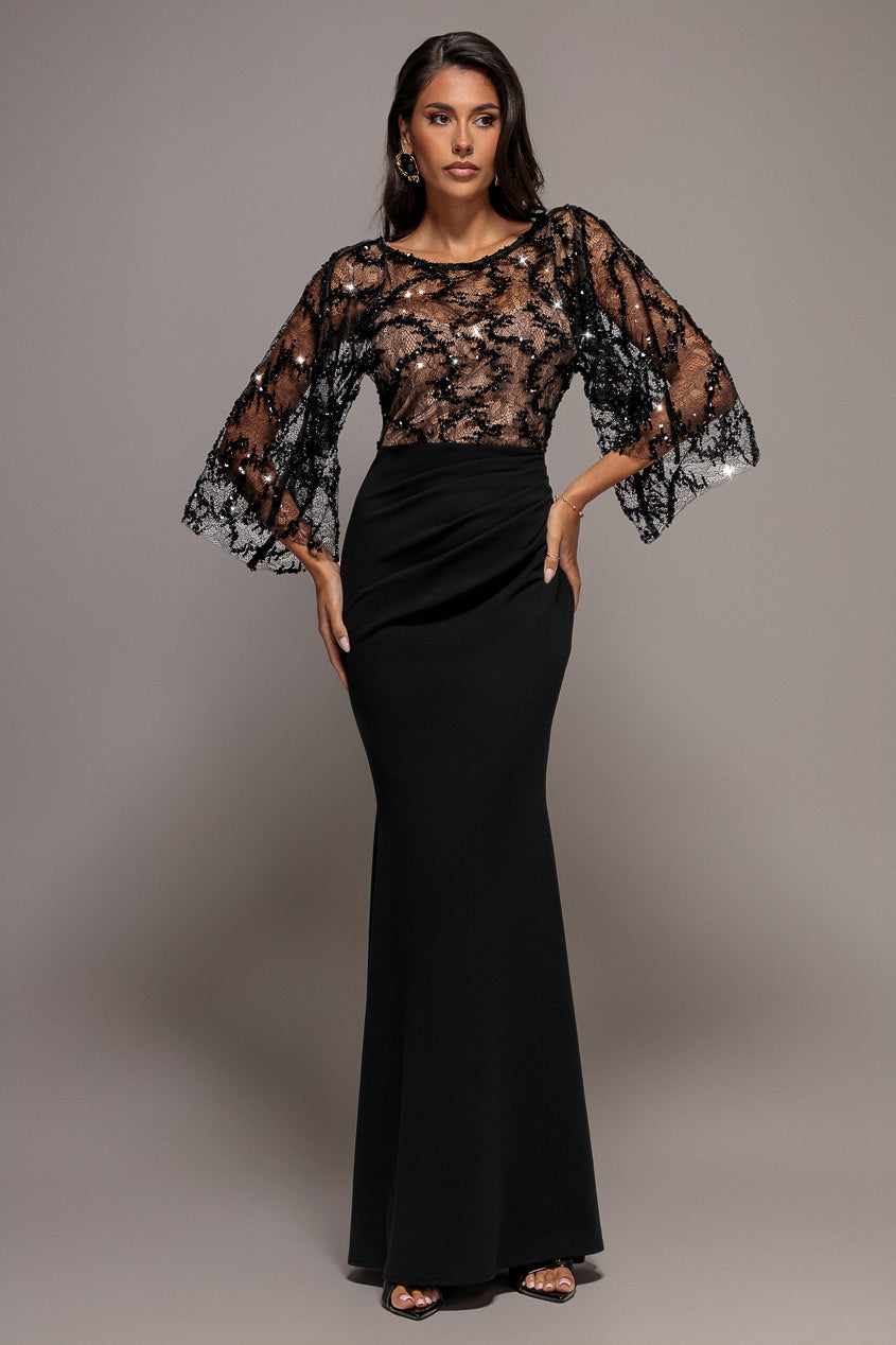 Goddiva Kimono Sleeve Lace-Scuba Crepe Mermaid Maxi Dress - Black