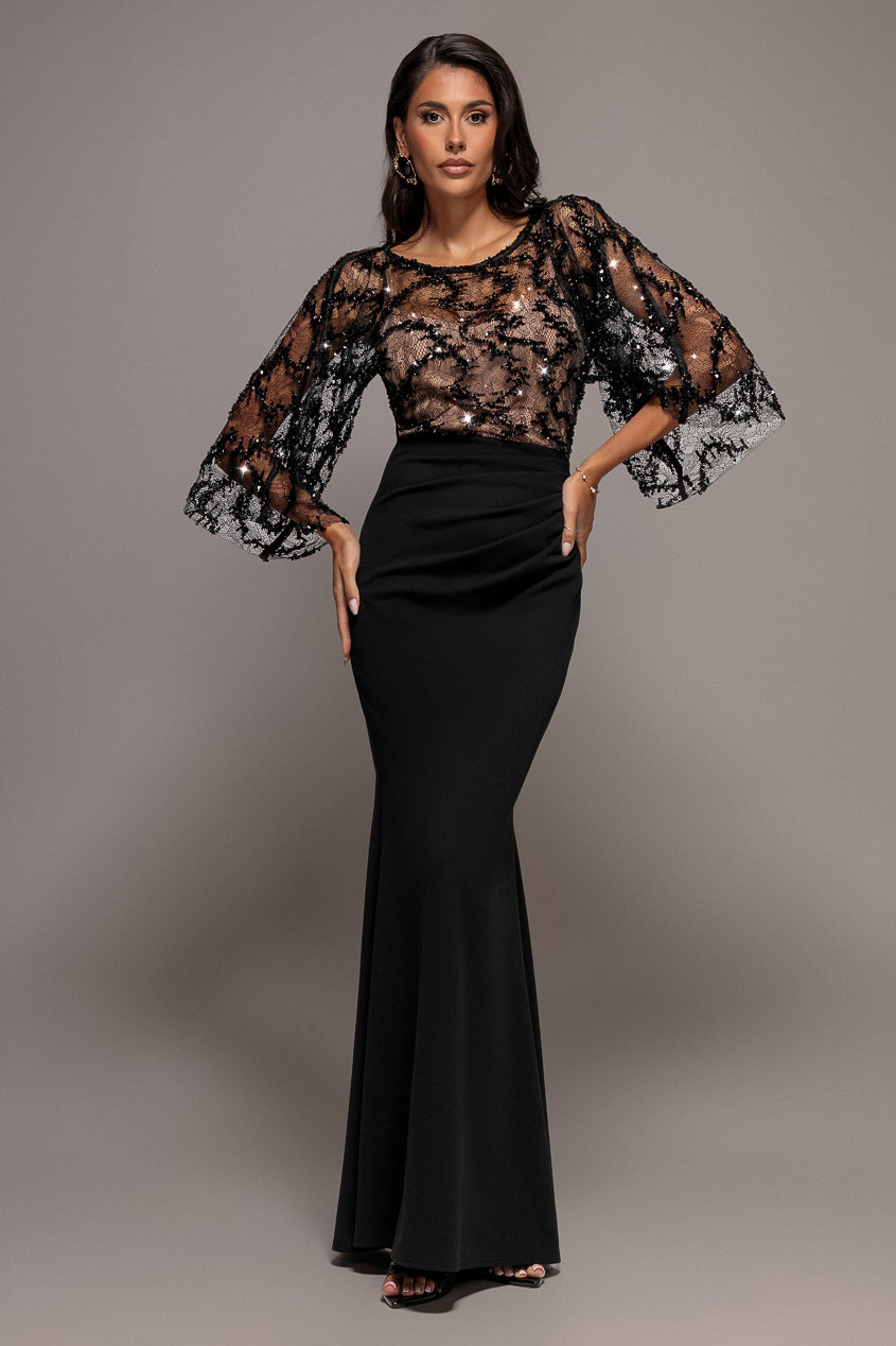Goddiva Kimono Sleeve Lace-Scuba Crepe Mermaid Maxi Dress - Black