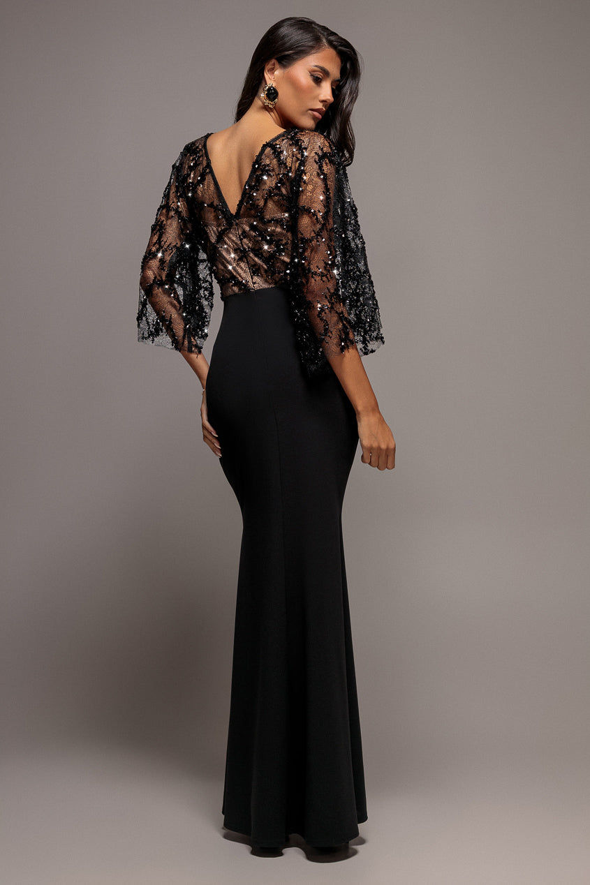 Goddiva Kimono Sleeve Lace-Scuba Crepe Mermaid Maxi Dress - Black