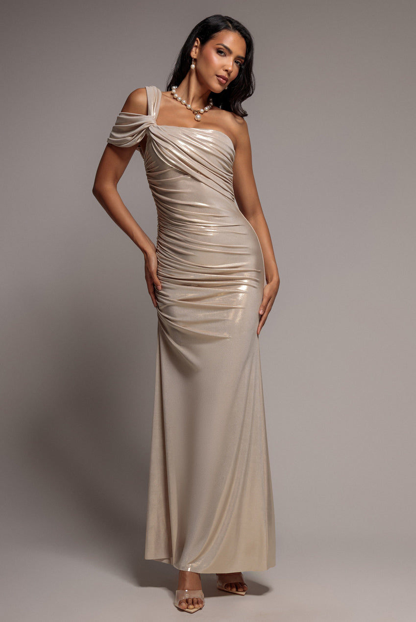Goddiva One Shoulder Asymmetric Twist Foil Maxi Dress - Gold