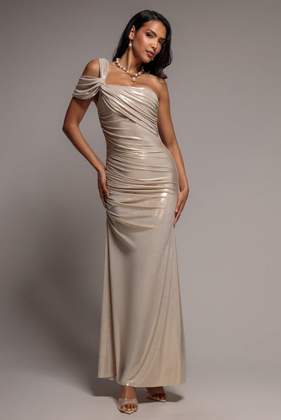 Gold - Goddiva One Shoulder Asymmetric Twist Foil Maxi Dress - Gold