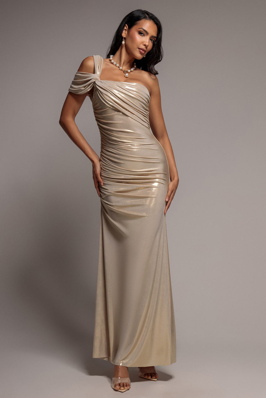 Goddiva One Shoulder Asymmetric Twist Foil Maxi Dress - Gold
