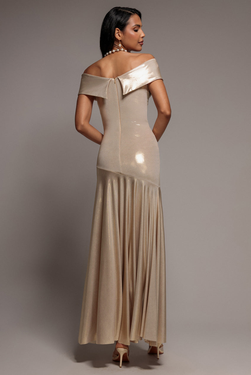 Goddiva Off Shoulder Bardot Pleated Foil Maxi Dress - Gold