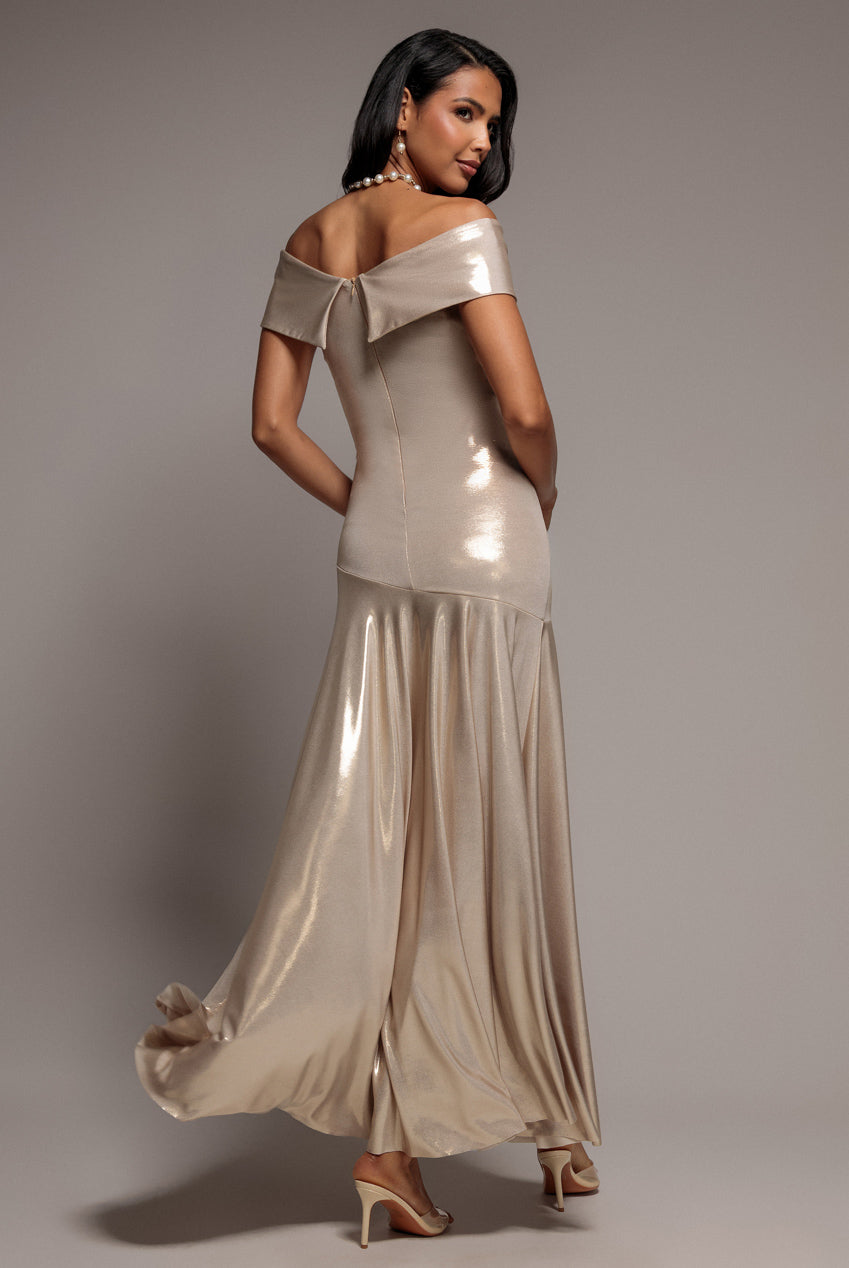Goddiva Off Shoulder Bardot Pleated Foil Maxi Dress - Gold