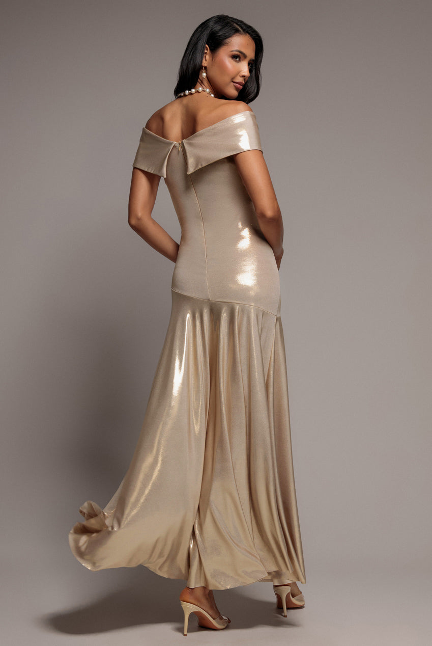 Goddiva Off Shoulder Bardot Pleated Foil Maxi Dress - Gold