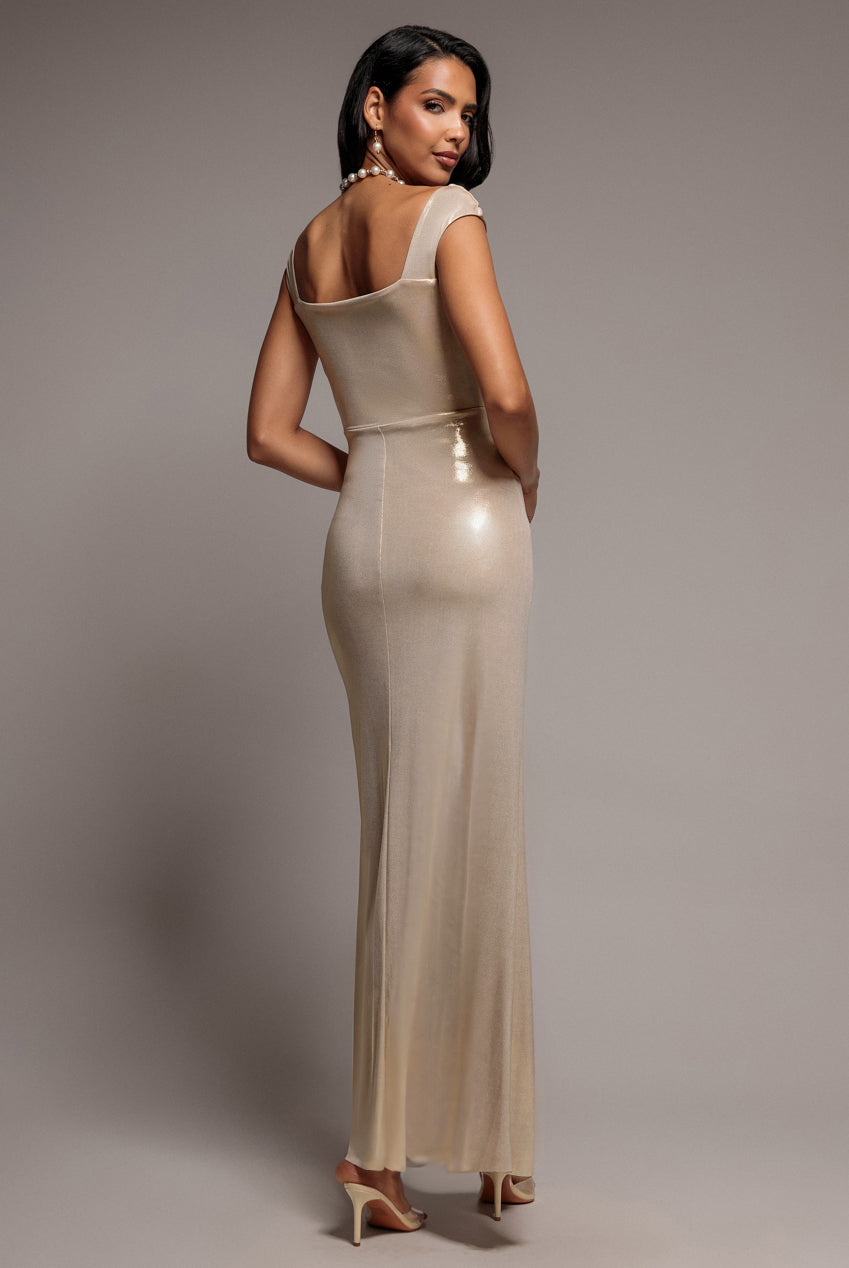 Goddiva Off The Shoulder Corset Wrap Corset Foil Maxi Dress - Gold