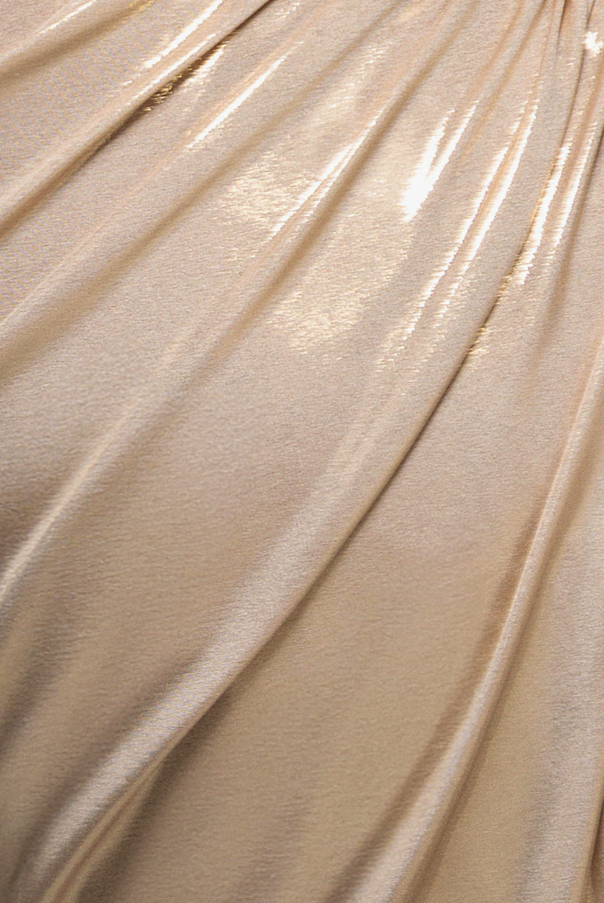 Goddiva Off The Shoulder Corset Wrap Corset Foil Maxi Dress - Gold