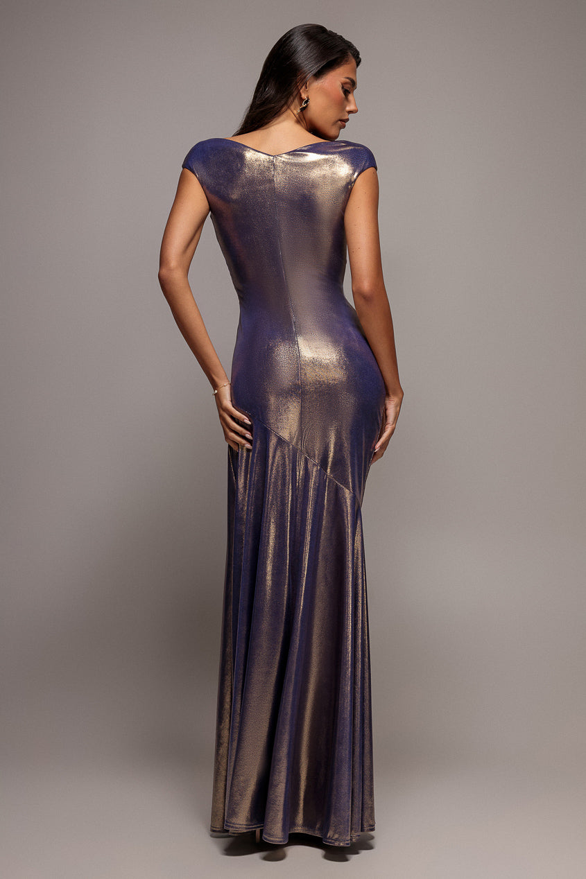 Goddiva Side Gathered Slant Tiered Front Wrap Mermaid Maxi Dress - Dark Gold