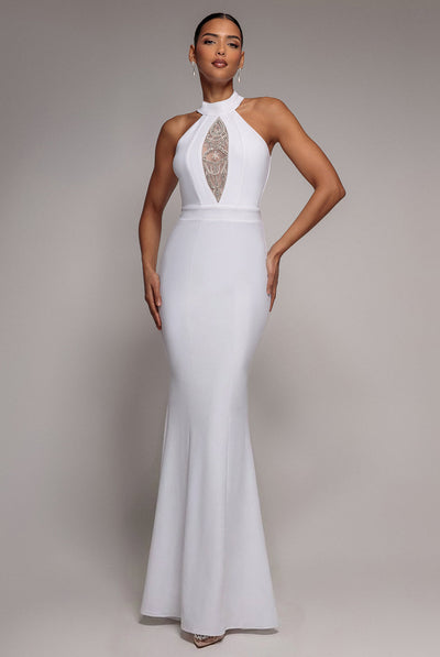 White - Goddiva Embellished High Neck Back Cut Out Maxi Dress - White