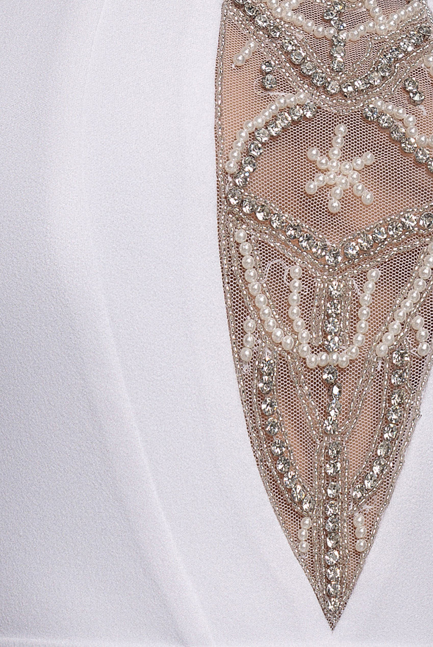 Goddiva Embellished High Neck Back Cut Out Maxi Dress - White