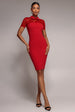 Goddiva Lace Detail Bodycon Collar Midi Dress - Red
