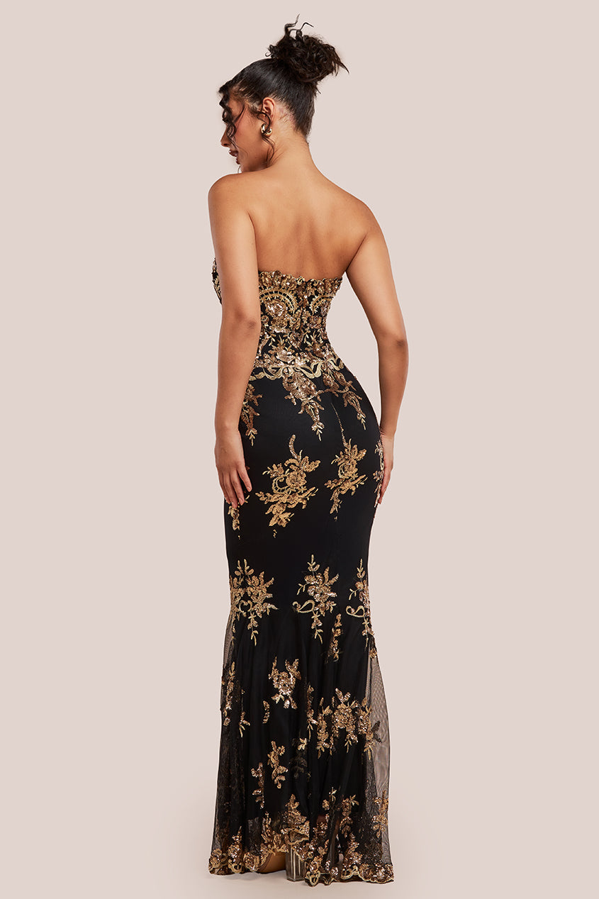 Goddiva Scallop Bandeau Sequin Mesh Maxi Dress - Black Gold