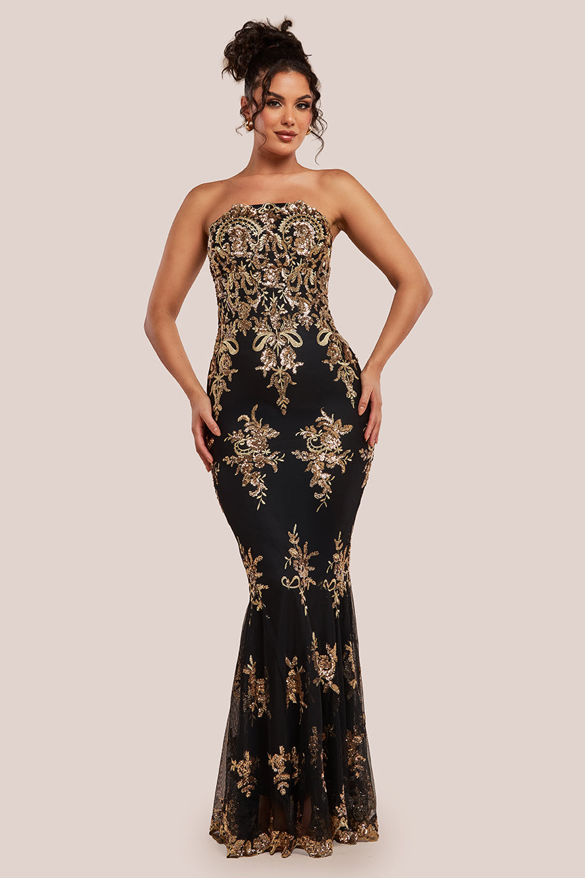 Goddiva Scallop Bandeau Sequin Mesh Maxi Dress - Black Gold