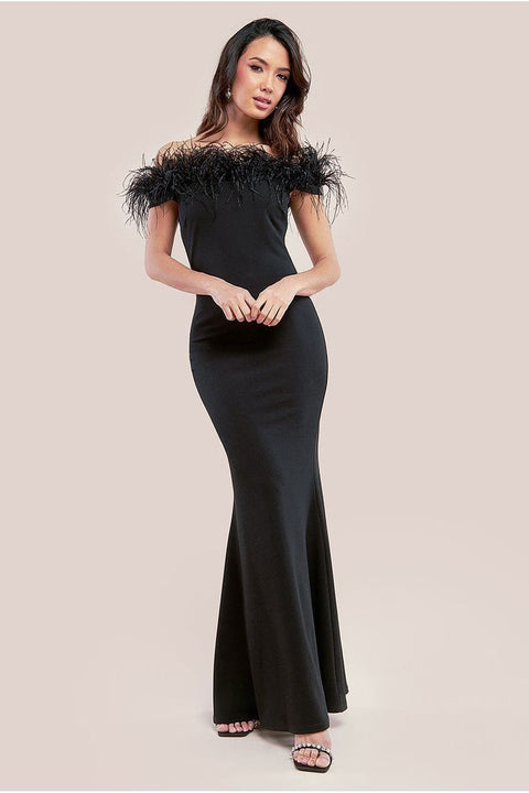 Goddiva Scuba Off The Shoulder Feather Trim Maxi - Black