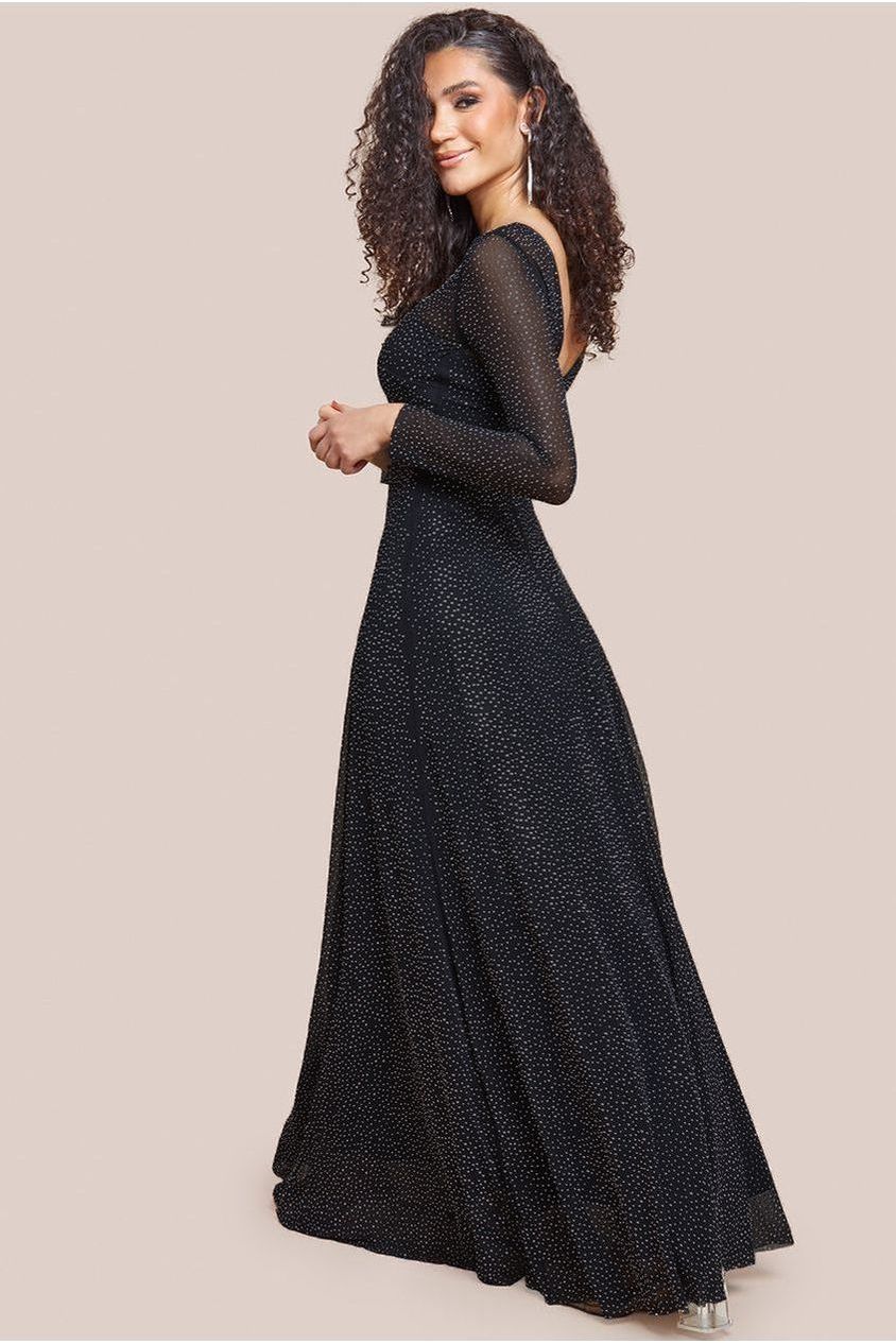 Goddiva Hotfix Diamante Mesh A-Line Long Sleeve Maxi Dress - Black